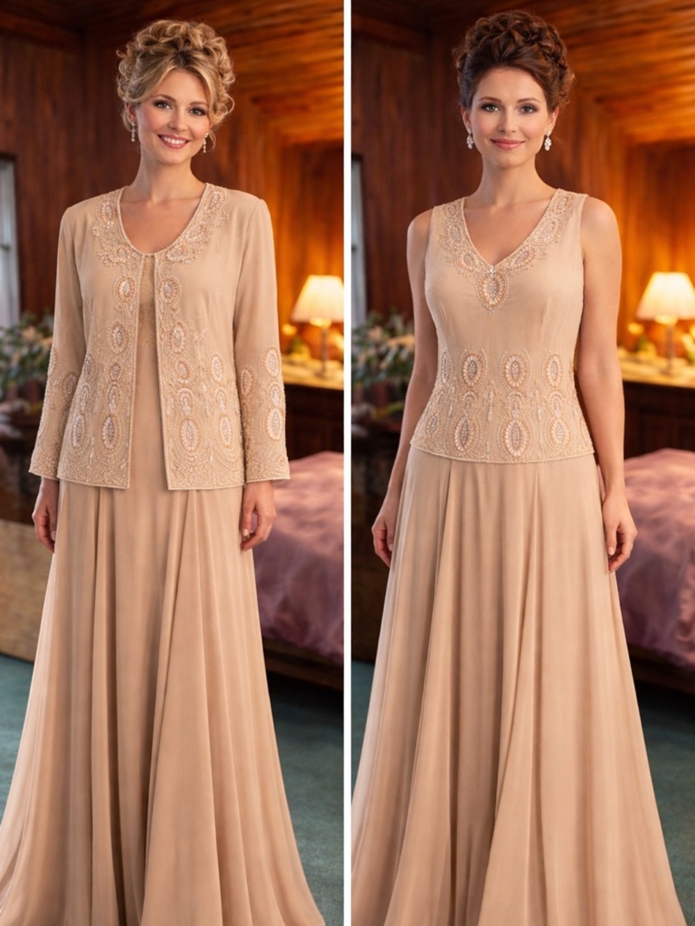 2 Pc Beaded Formal Dress Set Champagne Mother Bride Wedding Guest